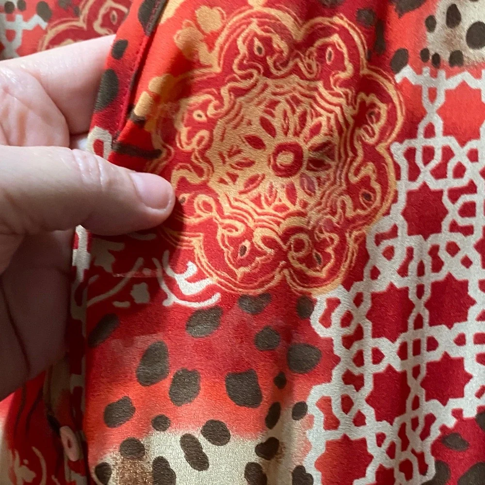Maggie Barnes Vibrant Red, Cream, brown and Orange Patterned size 32W duster